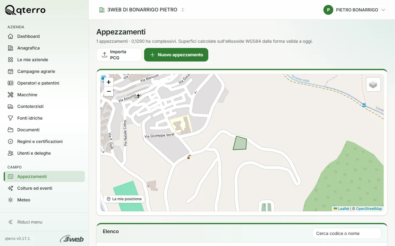 manuale quaderno di campagna - Pagina Appezzamenti di qterro su computer con mappa e contorno di un appezzamento