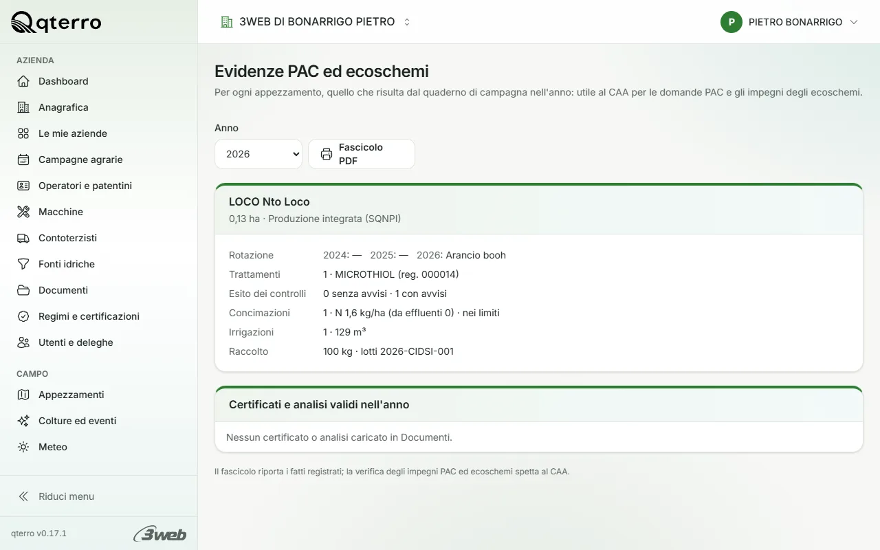 gestione del quaderno di campagna - Pagina Evidenze PAC ed ecoschemi di qterro su computer con rotazione, trattamenti, concimazioni, irrigazioni e raccolto