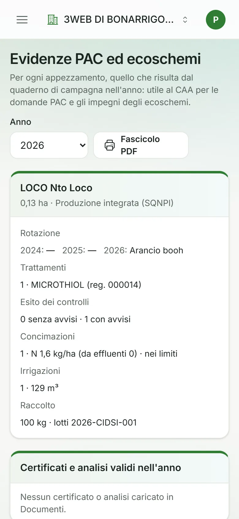 gestione del quaderno di campagna - Pagina Evidenze PAC di qterro su smartphone