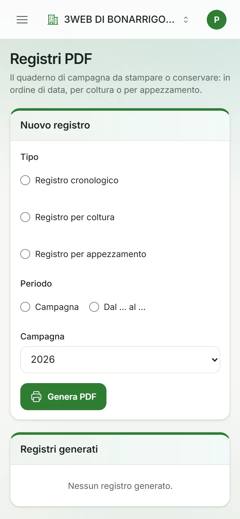 Pagina Registri di qterro su smartphone